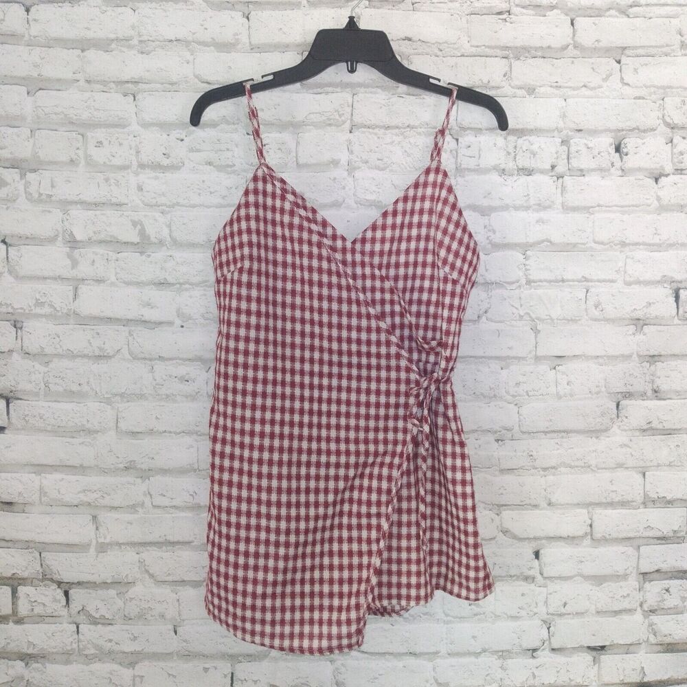 By The Way Romper Womens Medium Red Gingham Plaid Scotty Wrap Romper Sleeveless